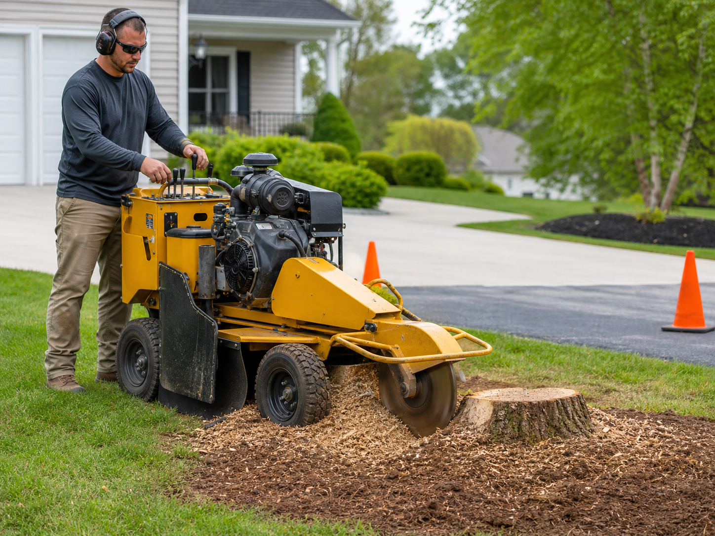 Operator grinding a tree stump below grade in a clean residential lawn