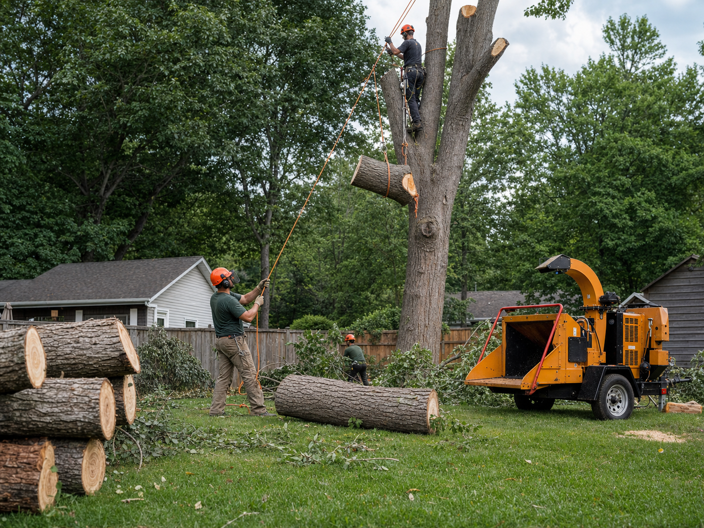 Tree service crew removing a large backyard tree in controlled sections with ropes and a chipper nearby