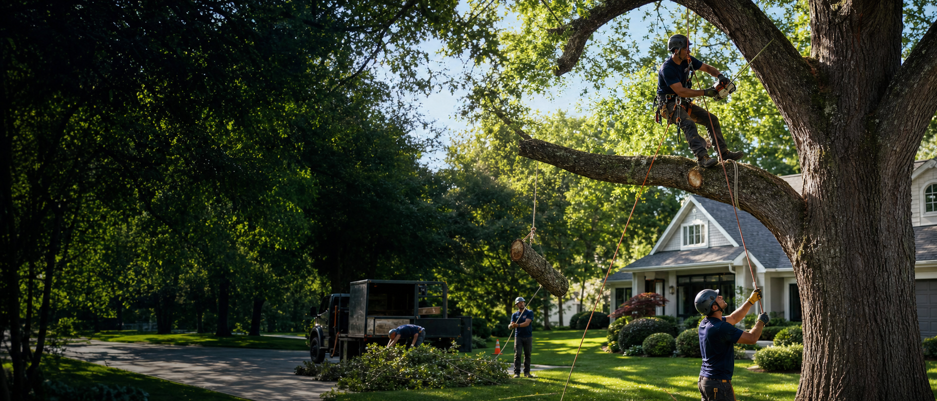 Professional tree service crew safely lowering a large limb from a mature tree in a residential yard
