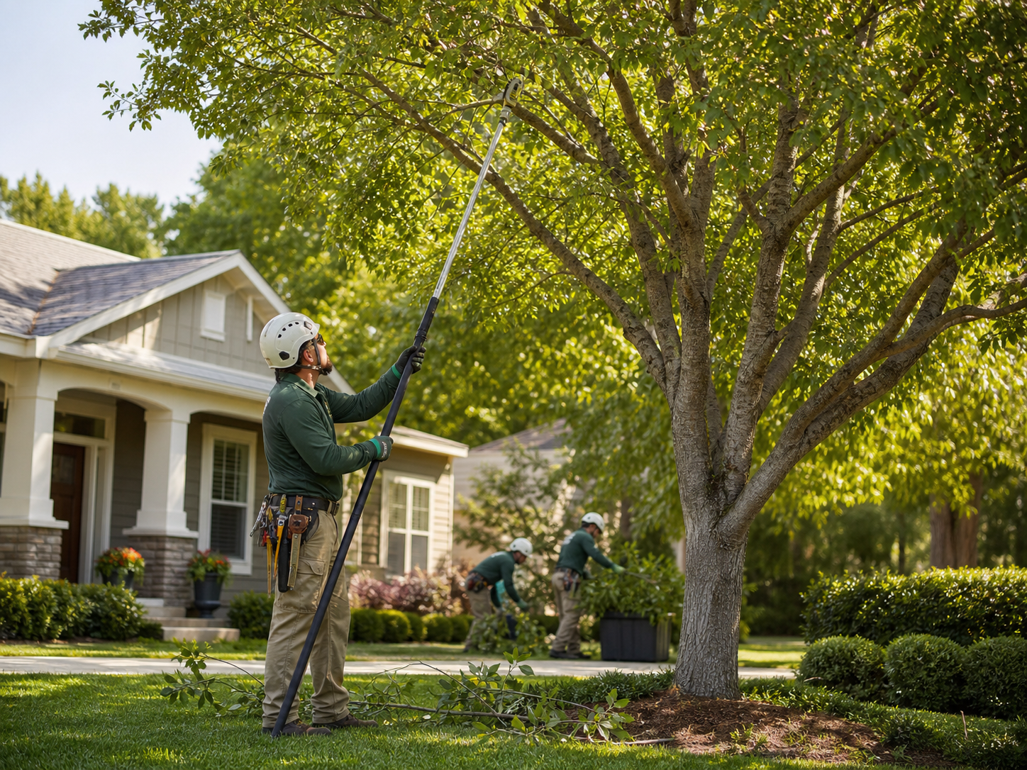 Arborist trimming a residential shade tree with a pole saw while a crew cleans branches below